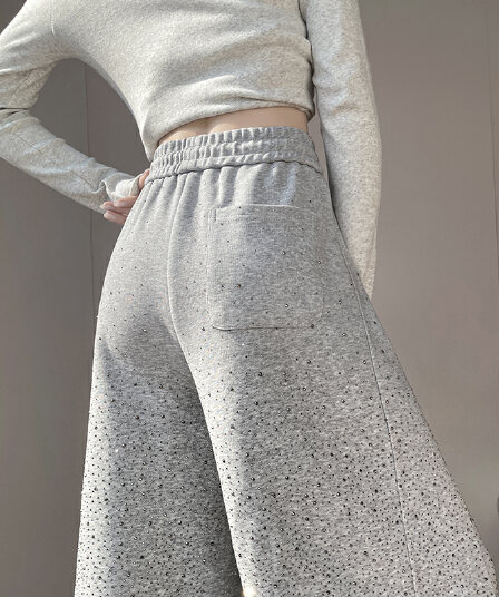 실사 2026 가을 새로운 하이웨이스트 모통이 칼 바지 핫픽스 Gypsophila 스트레이트 와이드 레그 팬츠 플래시 훈련 바닥 청소 바지 여성