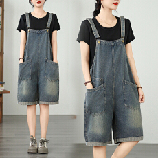 批发实拍现货 # 文艺<b class='q'>大</b>码夏季新款创意<b class='q'>大</b>口袋背带牛仔短裤