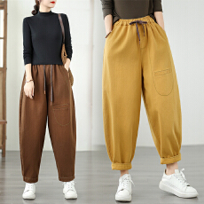 批发实拍文艺<b class='q'>大</b>码复古洗水纯色休闲裤松紧腰系带哈伦<b class='q'>牛仔裤</b>