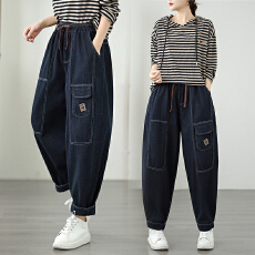 批发实拍文艺<b class='q'>大</b>码创意撞色松紧腰系带牛仔哈伦裤秋冬休闲长裤