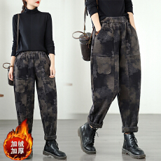 批发实拍胖妹妹<b class='q'>松紧腰</b>加绒加厚<b class='q'>牛仔裤</b>秋冬印花休闲裤