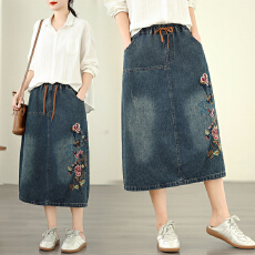 批发实拍新款民族风不规则绣花半身裙松紧腰宽松<b class='q'>百搭</b>牛仔中长裙