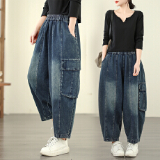 批发实拍胖妹妹松紧腰立体<b class='q'>大</b>口袋牛仔阔腿灯笼裤休闲哈伦裤