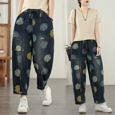 批发实拍胖妹妹松紧腰圆形印花牛仔哈伦裤春季宽松显瘦休闲<b class='q'>九分</b>裤