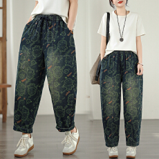 批发实拍2026早春新款胖胖妹妹松紧腰牛仔哈伦裤创意印花休闲<b class='q'>九分</b>裤