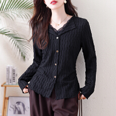 批发大码女装翻领拼接蕾丝V领针织提花T恤<b class='q'>胖</b>mm<b class='q'>显瘦</b>气质百搭上衣