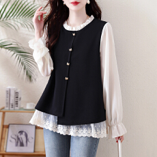 批发假两件大码女装春季新款网纱拼接法式上衣女