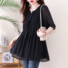 批发实拍新款时尚百褶黑色圆领衬衫女欧货大码女装上衣