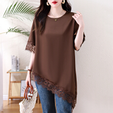 批发<b class='q'>夏</b>季新款宽松百搭套头上衣女纯色蕾丝边短袖T恤