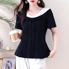 批发大码V领短袖T恤女<b class='q'>夏</b>季穿搭高级感飘带荷叶边上衣