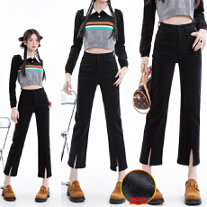 批发实拍加绒加厚牛仔长裤女腰头小个子弹力微喇叭小直筒开叉<b class='q'>九分裤</b>