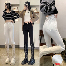 批发实拍白色修身弹力加绒九分<b class='q'>牛仔</b>裤女秋冬时尚纯色靴裤小脚<b class='q'>铅笔裤</b>