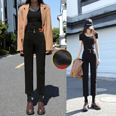 实拍小个子直筒八分牛仔裤女秋冬加绒加厚皮套高腰显瘦九分烟管裤