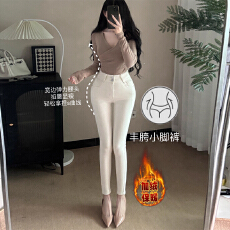 批发一辛原创 细腰丰胯奶白色高腰御姐加抓绒牛仔裤纯欲小脚裤秋冬