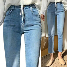 批发韩国代购直筒牛仔裤女2026新款蓝色高腰显瘦九分烟管裤子