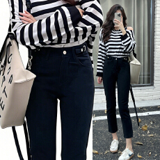 批发实拍你的懒懒llan韩女直腿术舒适柔软两色牛仔烟管九分高腰直筒裤