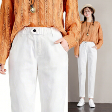 批发春装大码白色裤宽松显瘦<b class='q'>松紧腰</b>高腰<b class='q'>牛仔裤</b>女休闲哈伦九分裤