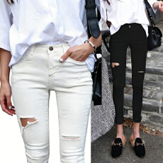 批发@uniken【审美破损度】紧身破洞高腰牛仔小脚裤女夏小个子九分裤