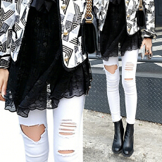 批发Eva君君酱韩系高腰丰胯弹力破洞牛仔小脚裤女浅色紧身百搭铅笔裤