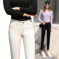 批发实拍韩国黑色牛仔裤女高腰显瘦2026春夏紧身弹力白色毛边小脚裤