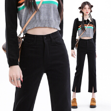 批发实拍 Viiwen筷子腿PS拉腿裤 显瘦高腰弹力开叉黑色牛仔裤