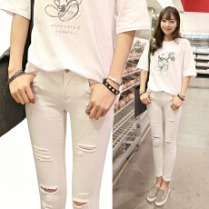 批发辣妹性感破洞小脚裤<b class='q'>高腰牛仔裤</b>女破洞裤提臀紧身铅笔裤