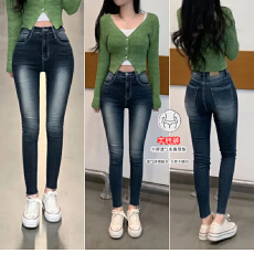 批发何晨曦丰胯美腿复古磨白水洗蓝九分小脚牛仔裤修身<b class='q'>铅笔裤</b>