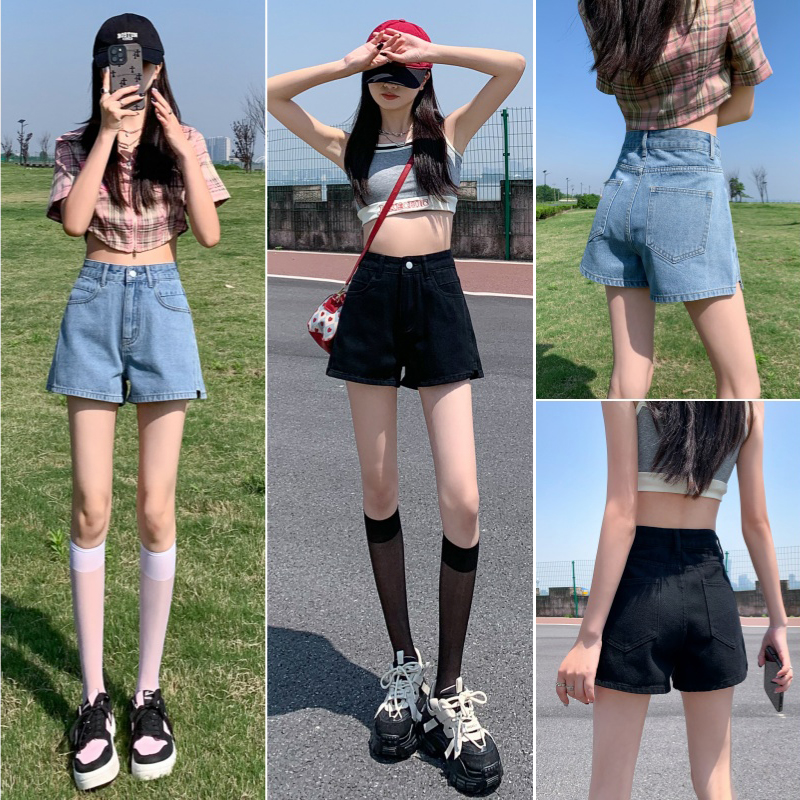 실사 외국 가스 레트로 블루 트임 하이웨이스트 한 마디 데님 반바지 여성 루즈핏 슬림해 보이는 캐주얼 핫 바지