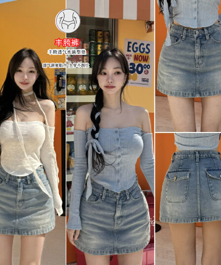 펭 넓적 다리 반바지 노출 방지 데님 바지 반신 스커트 여성 한국 스타일 레트로 하늘색 슬림해 보이는 한 마디 짧은 치마바지