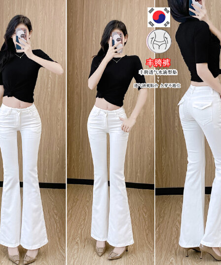 실사 한국 구매 동대문 섹시함 펭 넓적 다리 청바지 여성 품격 화이트 중간 허리 워프 엉덩이 데님 상징 라 바지