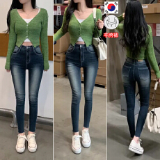 批发<b class='q'>韩国</b>代购丰胯早安樊樊美腿复古磨白九分小脚牛仔裤修身铅笔裤