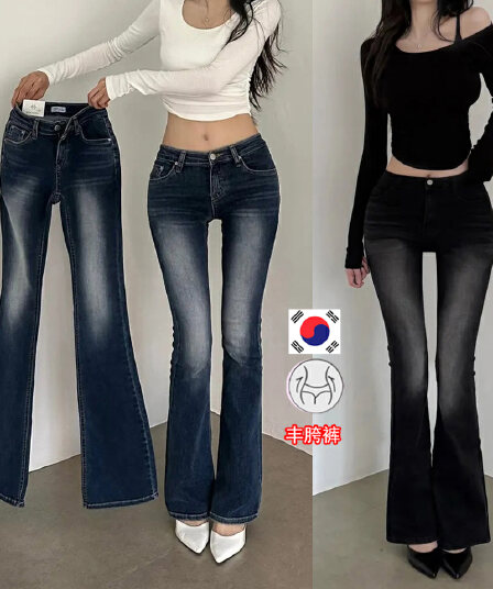 펭 넓적 다리 오노 콜리 플라워 허리 엉덩이 ~보다 로우 웨이스트 리프트 엉덩이 몸매 가꾸기 부츠컷 바지 여성 슬림해 보이는 신축성 청바지 긴 바지