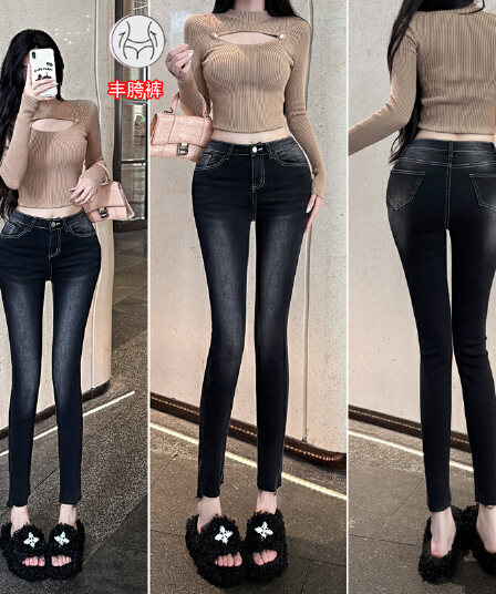 실사 펭 넓적 다리 안녕하세요. 팬 팬 아름다운 다리 펭 넓적 다리 레트로 연삭 화이트 워싱 9 포인트 작은 청바지 몸매 가꾸기 스키니진