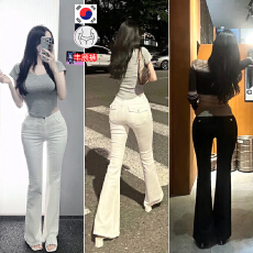 批发实拍韩国代购丰胯弹力修身<b class='q'>裤</b>子女设计感<b class='q'>显瘦</b>低腰黑白微喇叭牛仔<b class='q'>裤</b>