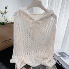 批发实拍 早秋连帽镂空毛衣套头衫新款小众百搭<b class='q'>针织衫</b>慵懒宽松上衣女