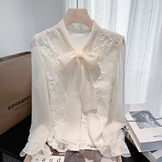 批发实拍 小香丝巾蝴蝶结蕾丝高级感<b class='q'>长袖</b>衬衫女春秋新款温柔百搭上衣