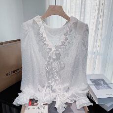 批发实拍 早春蕾丝提花木耳边宽松<b class='q'>长袖</b>衬衫女设计感小众显瘦百搭上衣