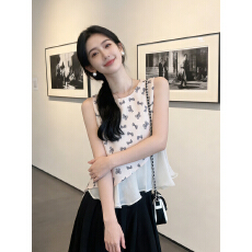 批发实拍 复古气质碎花蓝色拼接刺绣上衣女夏高级感衬衫<b class='q'>背心</b>