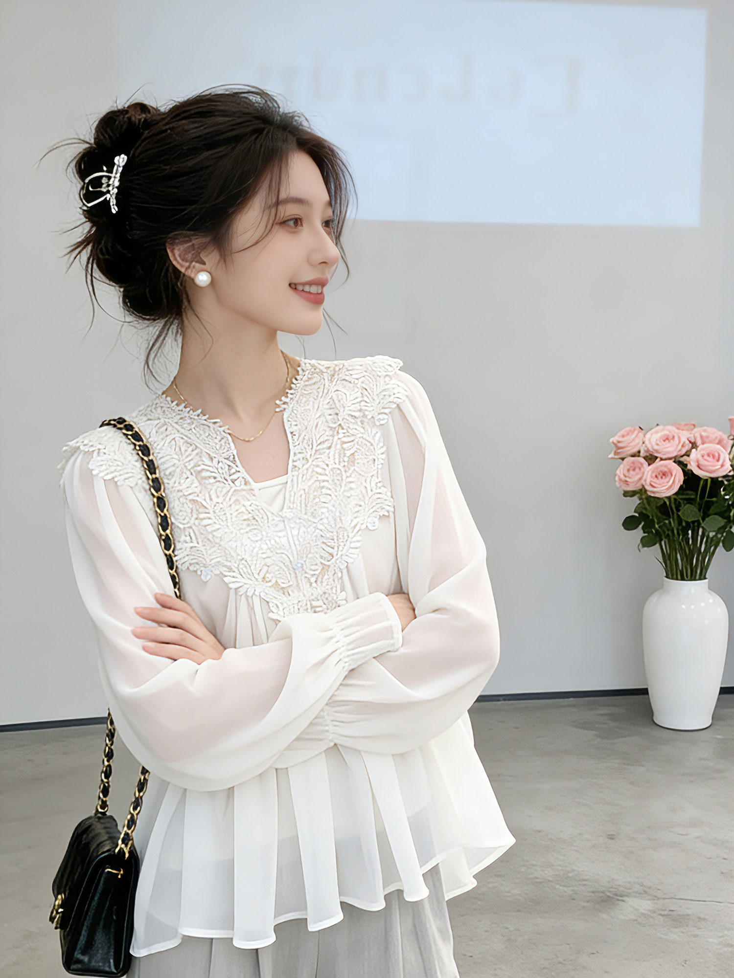 실사 봄 여름 프랑스식 레이스 조각 V넥 긴팔 작은 셔츠 슬립 벌룬 소매 투피스 세트