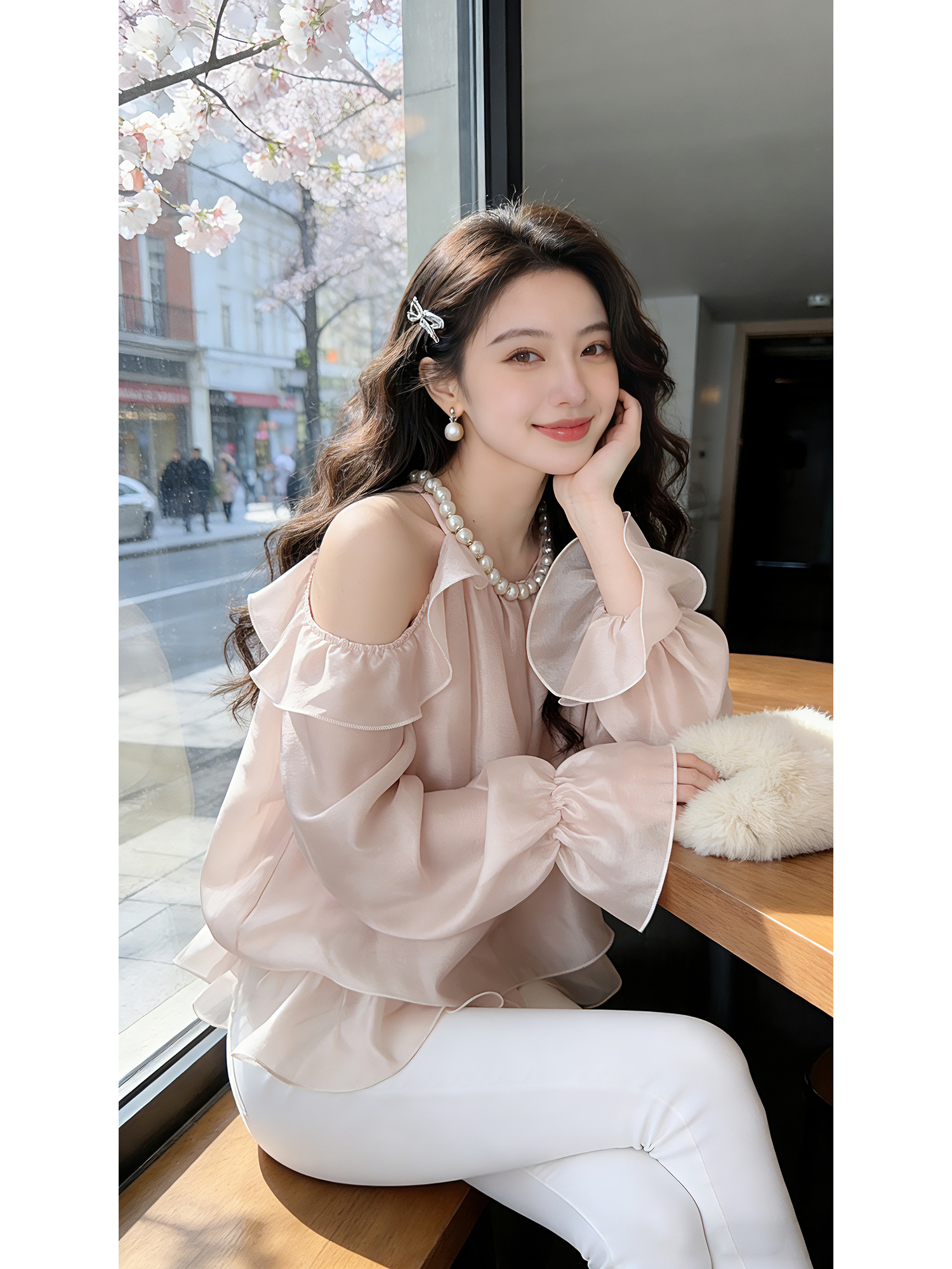 실사 디자인 센스 요정 아름다움 행침 목 오프숄더 쉬폰 셔츠 봄 여름 새로운 작은 대중 분위기 센스 아름다운 맨위