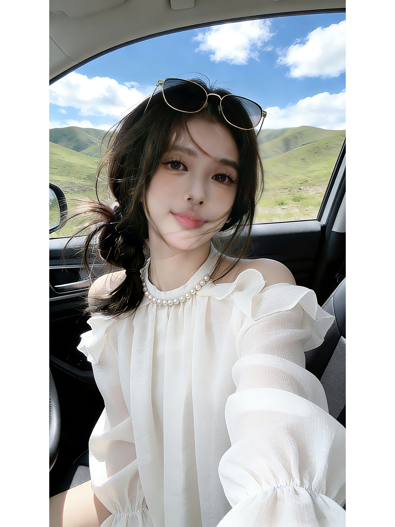 실사 달콤함 행침 목 오프숄더 쉬폰 셔츠 봄 여름 새로운 루즈핏 작은 대중 분위기 센스 아름다운 맨위 여성