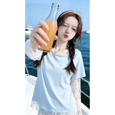 批发实拍 夏季新款韩系甜美风<b class='q'>蕾丝拼接</b>假两件长袖百搭显瘦气质上衣女