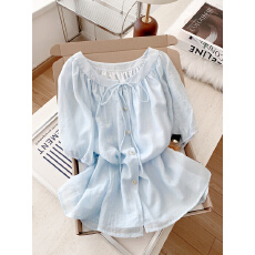 批发实拍 夏季新款度假风圆领<b class='q'>衬衫</b>春季独特娃娃衫设计感绑带上衣女