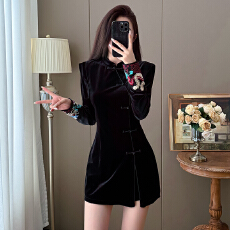 批发新中式丝绒刺绣连衣裙春秋高级复古裙子<b class='q'>裙裤</b><b class='q'>打底</b>两件套