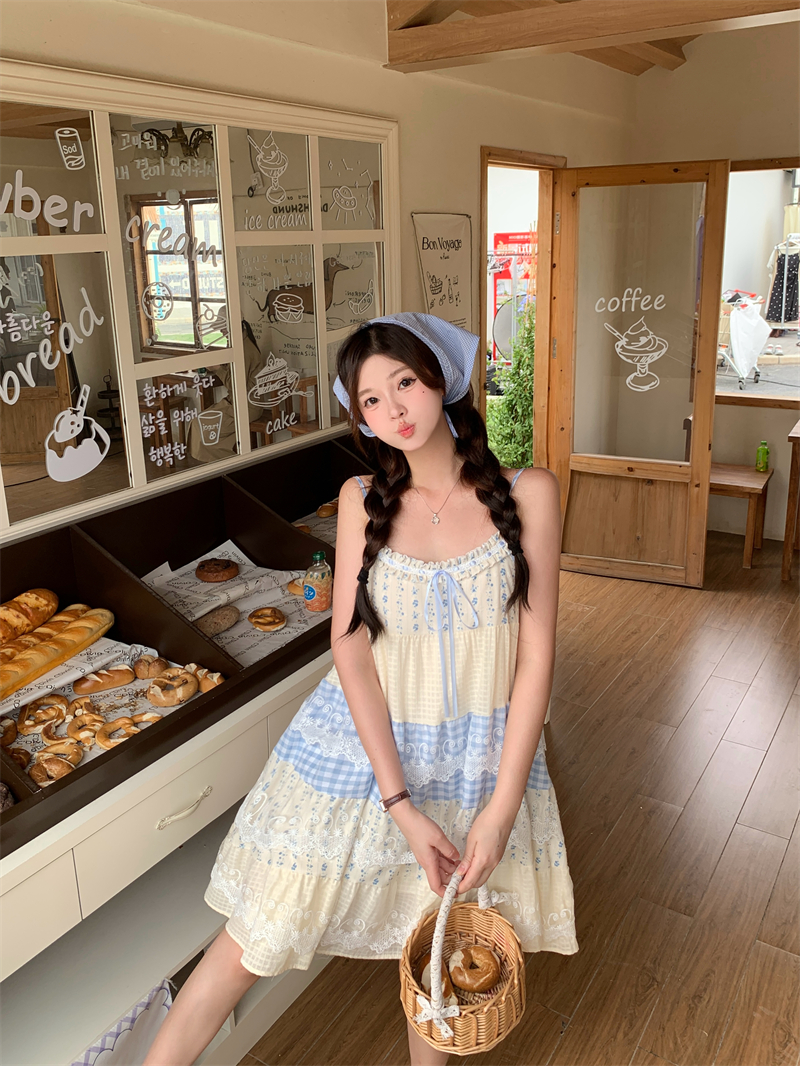 실사 부드러운 달콤한 부서 꽃무늬 패치워크 블루 체크무늬 슬립 드레스 루즈핏 드레스 여름 레이스 치마