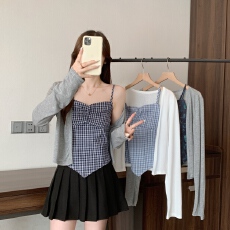 批发实拍韩系不规则短款格子吊带＋纯色薄款开衫2025夏季新款两件套女