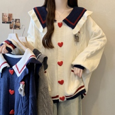 批发实拍 娃娃领爱心扣针织开衫女秋冬<b class='q'>大码</b><b class='q'>胖</b><b class='q'>mm</b><b class='q'>宽松</b>慵懒减龄毛衣外套