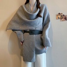 批发实拍 大码芝士鹿秋<b class='q'>冬</b>宽松慵懒风外套韩版围巾领斗篷针织毛衣