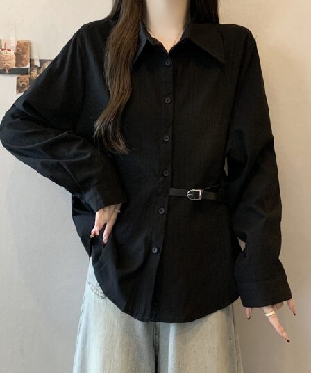 실사 Chic 파란색 셔츠 2026 새로운 봄 빅 사이즈 여성 의류 지방 mm 허리 수축 레이스업 표지 배 긴팔 맨위