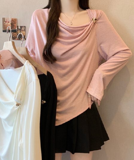 실사 빅 사이즈 여성 의류 지방 mm 달콤한 스타일 흔들다 칼라 나비 넥타이 긴팔 티셔츠 2026 가을 슬림해 보이는 맨위